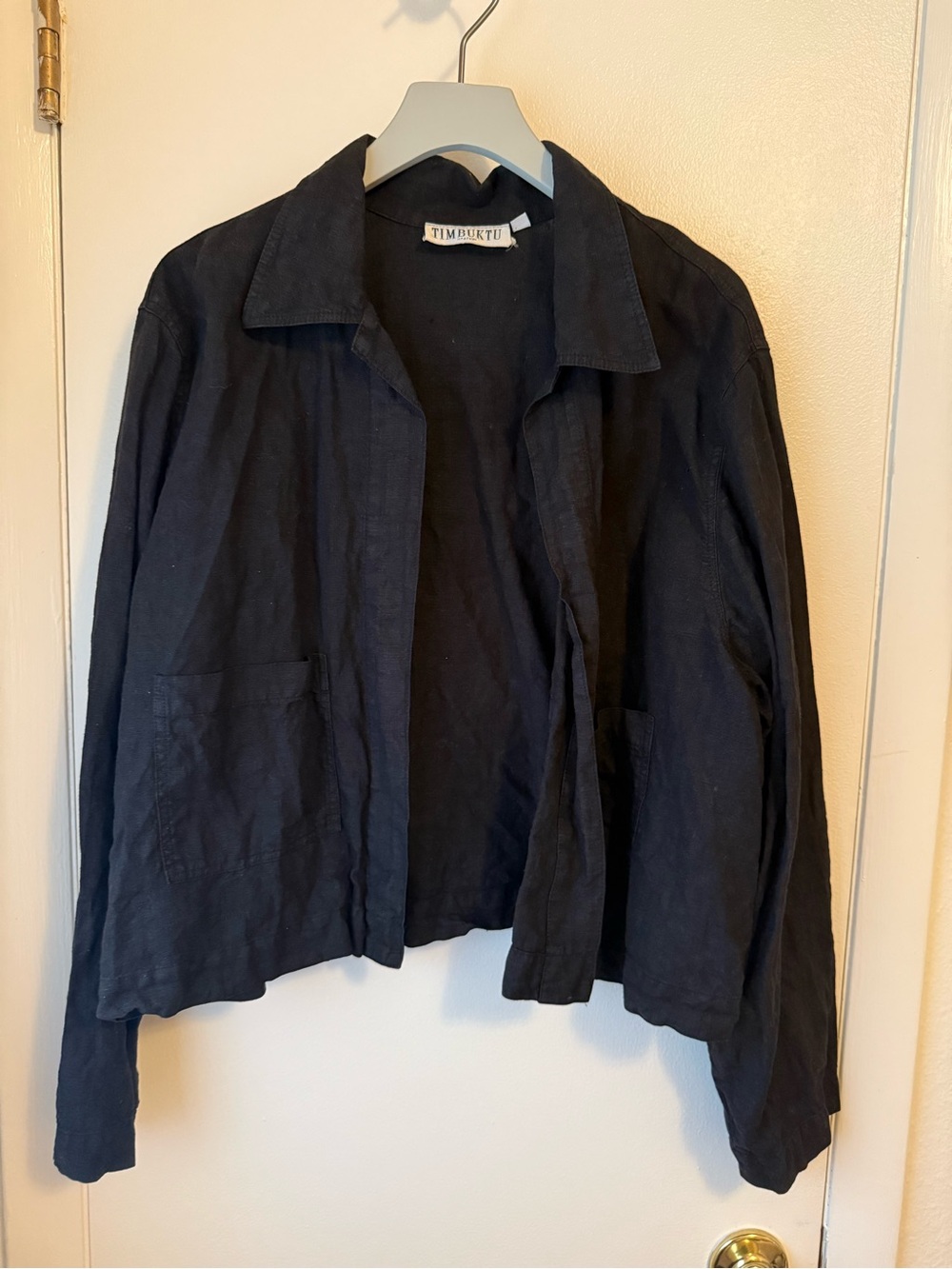 100% Linen Women's Black Lightweight Open-Front Jacket with Pockets